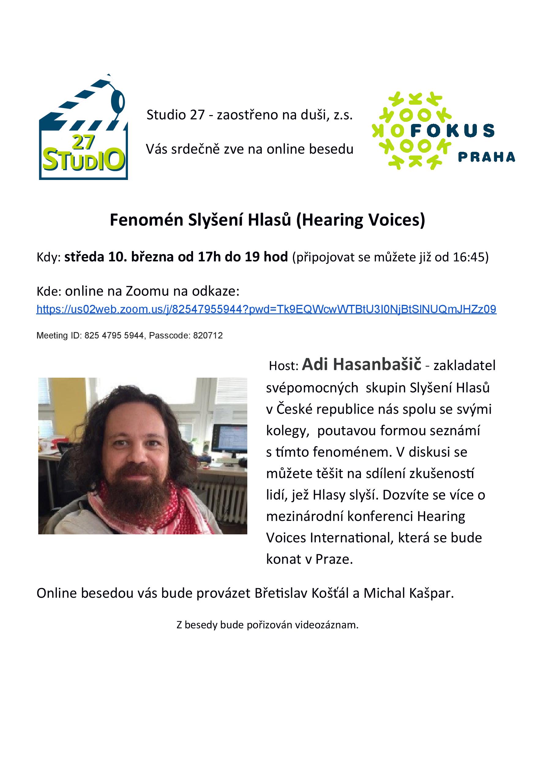 Studio 27 - pozvánka na besedu Fenomén Slyšení Hlasů (Hearing Voices), středa 10.3.2021, 17h, online
